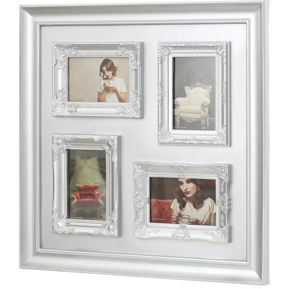 2300835 4-Photo Frame with Embossed Detail - Silver, Plastic