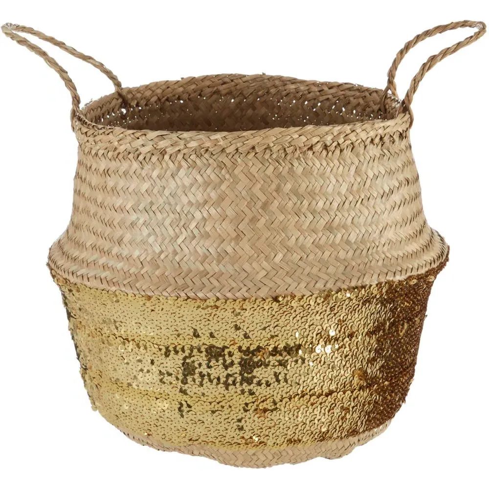 Large Seagrass Basket with Sequin Base - Gold, Seagrass