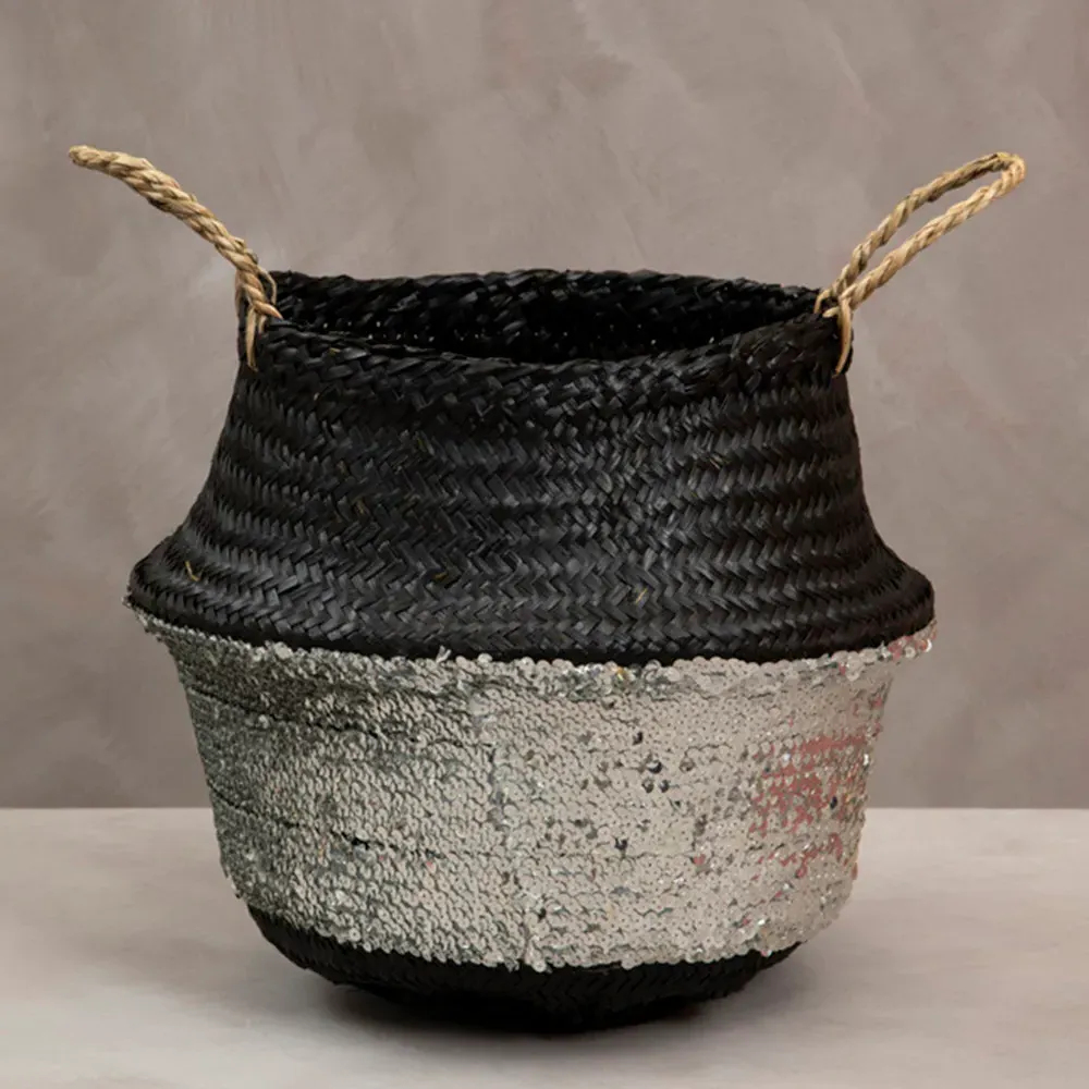 Medium Seagrass Basket with Sequin Base - Black, Seagrass