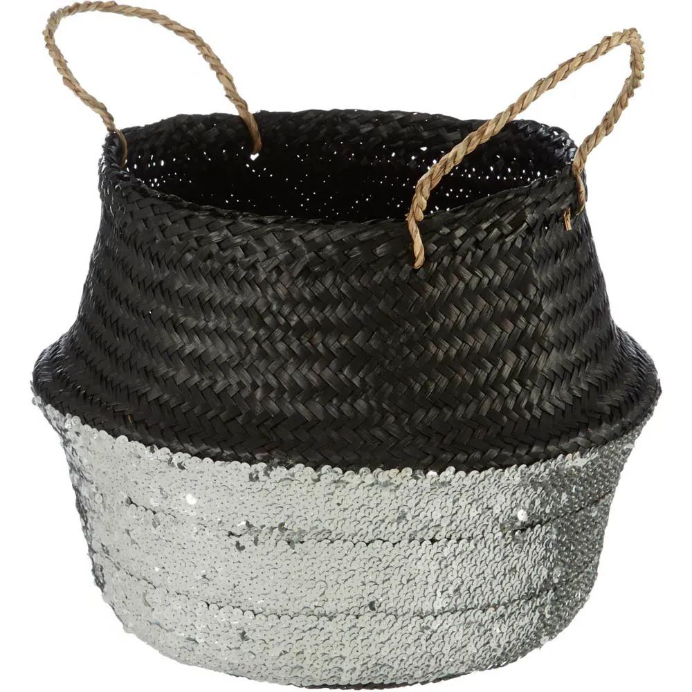 Medium Seagrass Basket with Sequin Base - Black, Seagrass