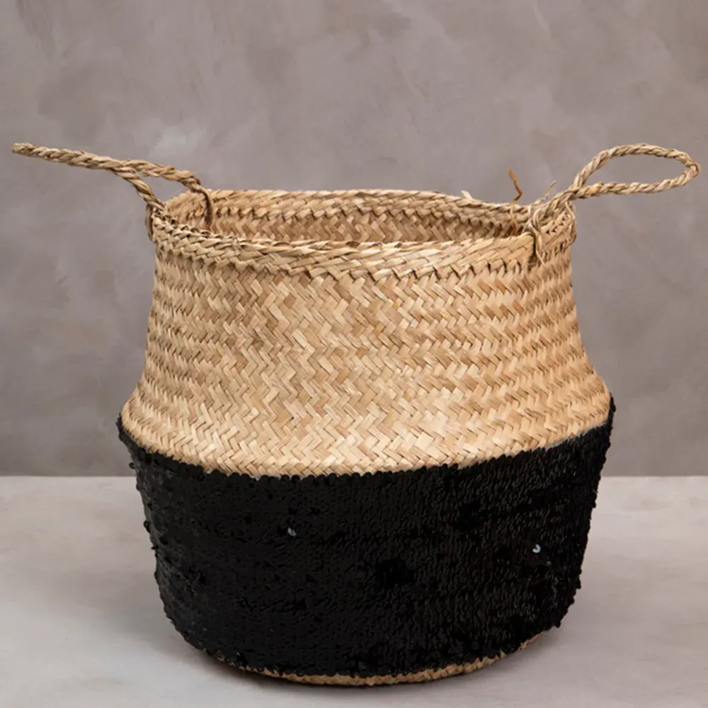 Medium Seagrass Basket with Sequin Base - Black, Seagrass