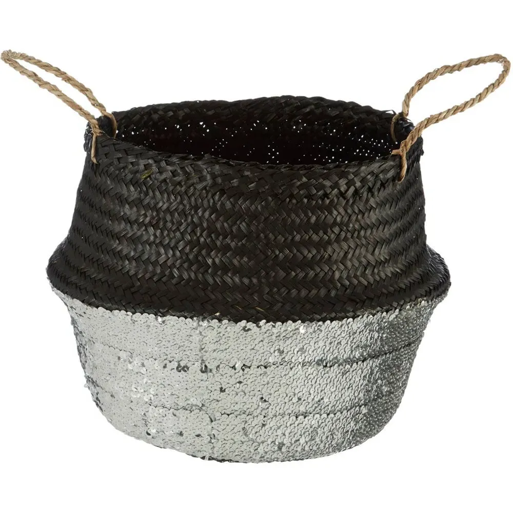 Medium Seagrass Basket with Sequin Base - Black, Seagrass
