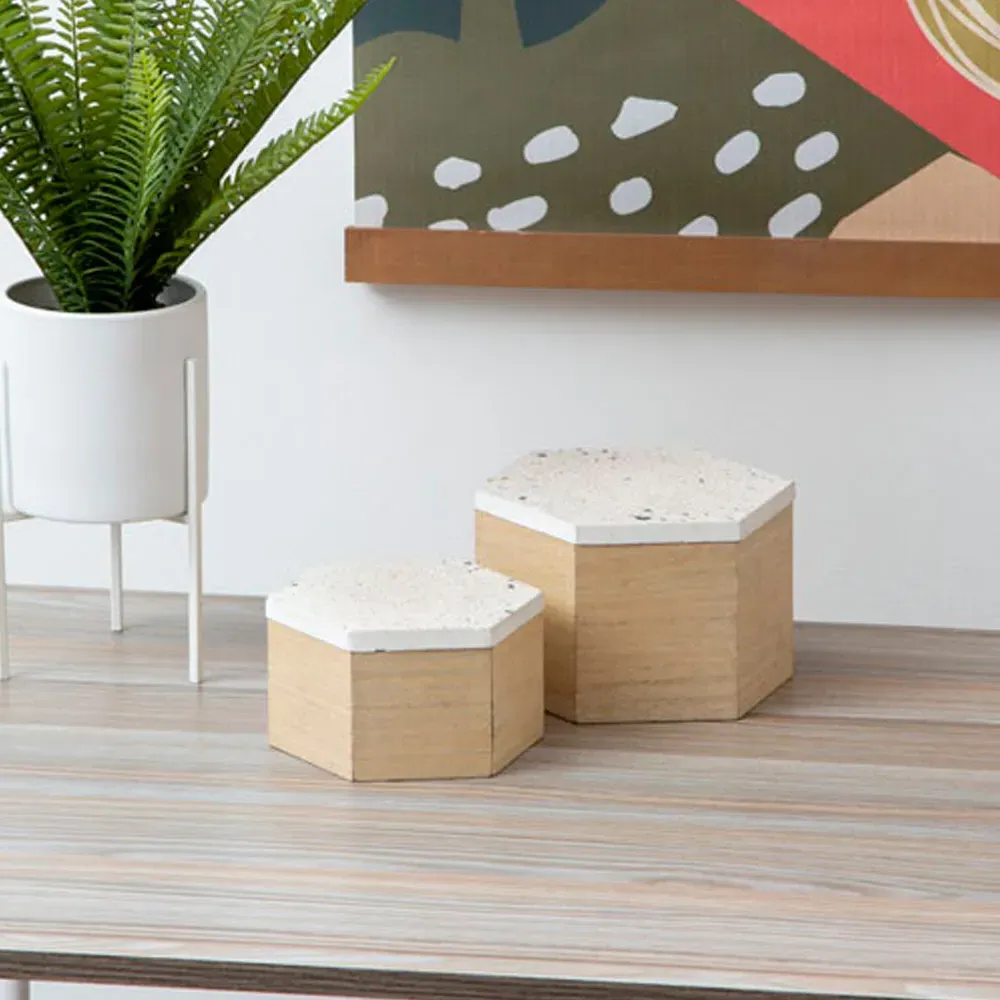 Mimo Large Hexagonal Trinket Box - White, Wood