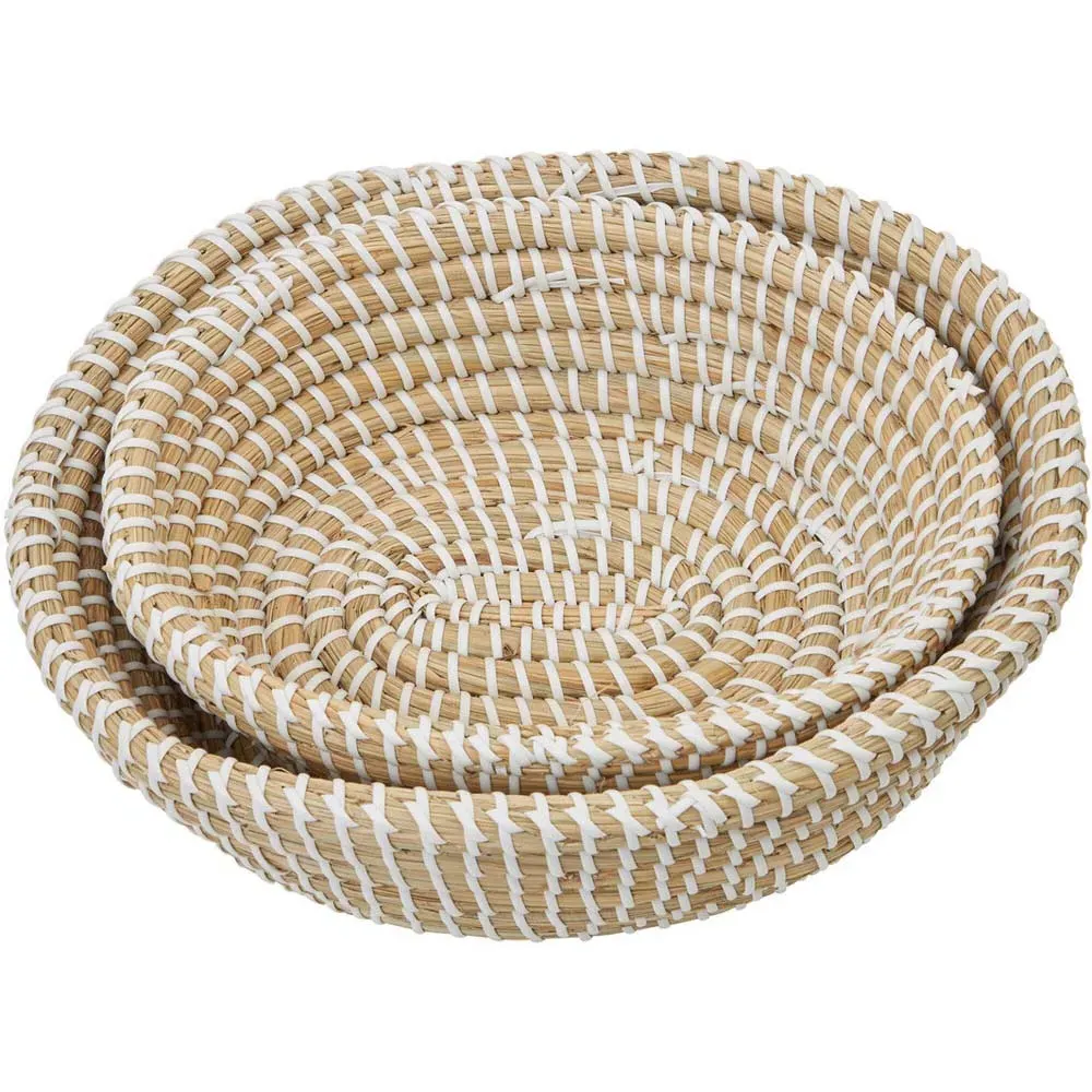 Oval Straw Basket 2 Pack with White Detail - Brown