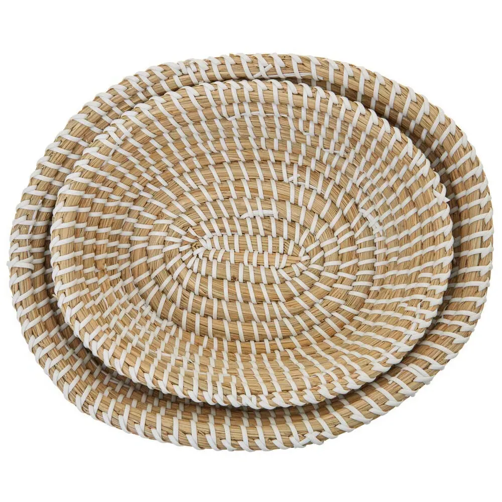 Oval Straw Basket 2 Pack with White Detail - Brown