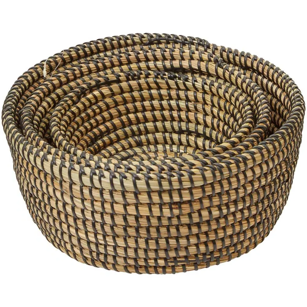 Round Straw Basket 3 Pack with Black Detail