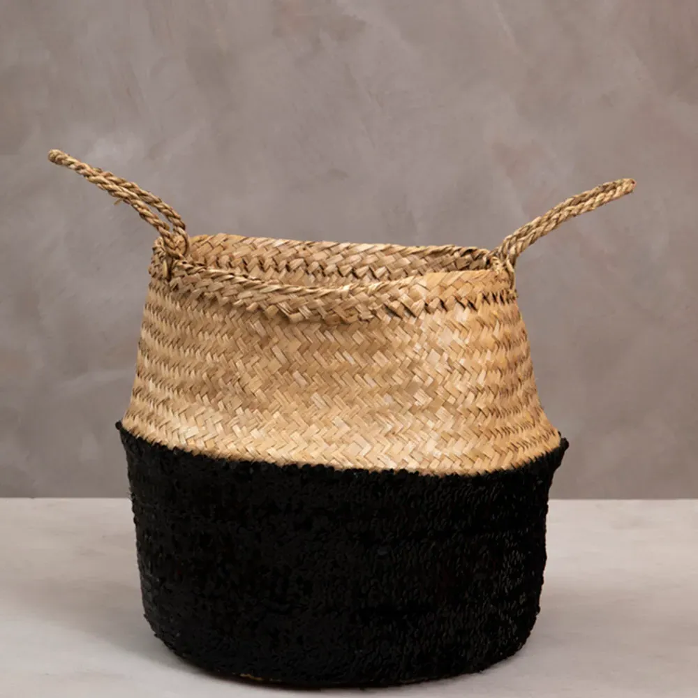 Small Seagrass Basket with Sequin Base - Black, Seagrass