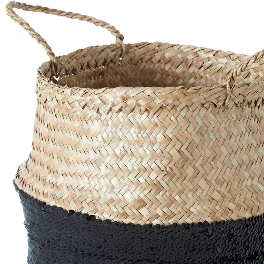 Small Seagrass Basket with Sequin Base - Black, Seagrass