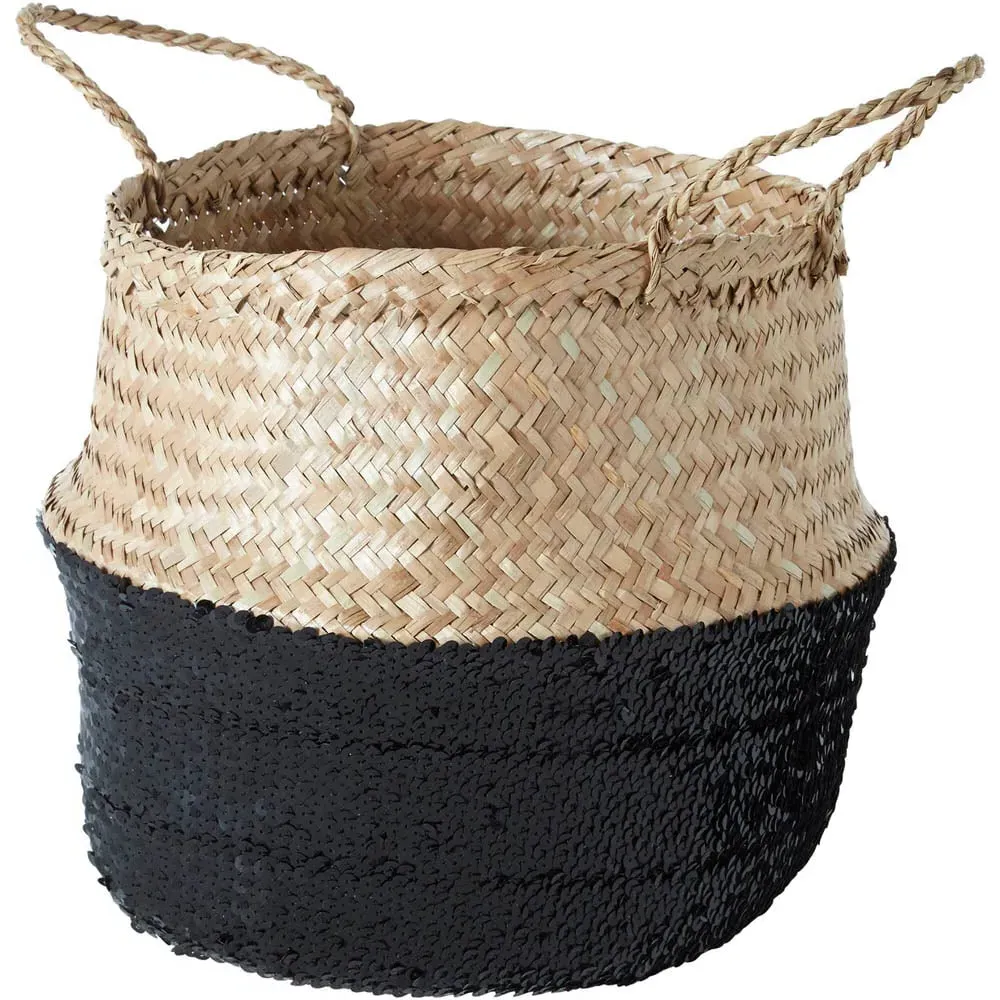 Small Seagrass Basket with Sequin Base - Black, Seagrass image