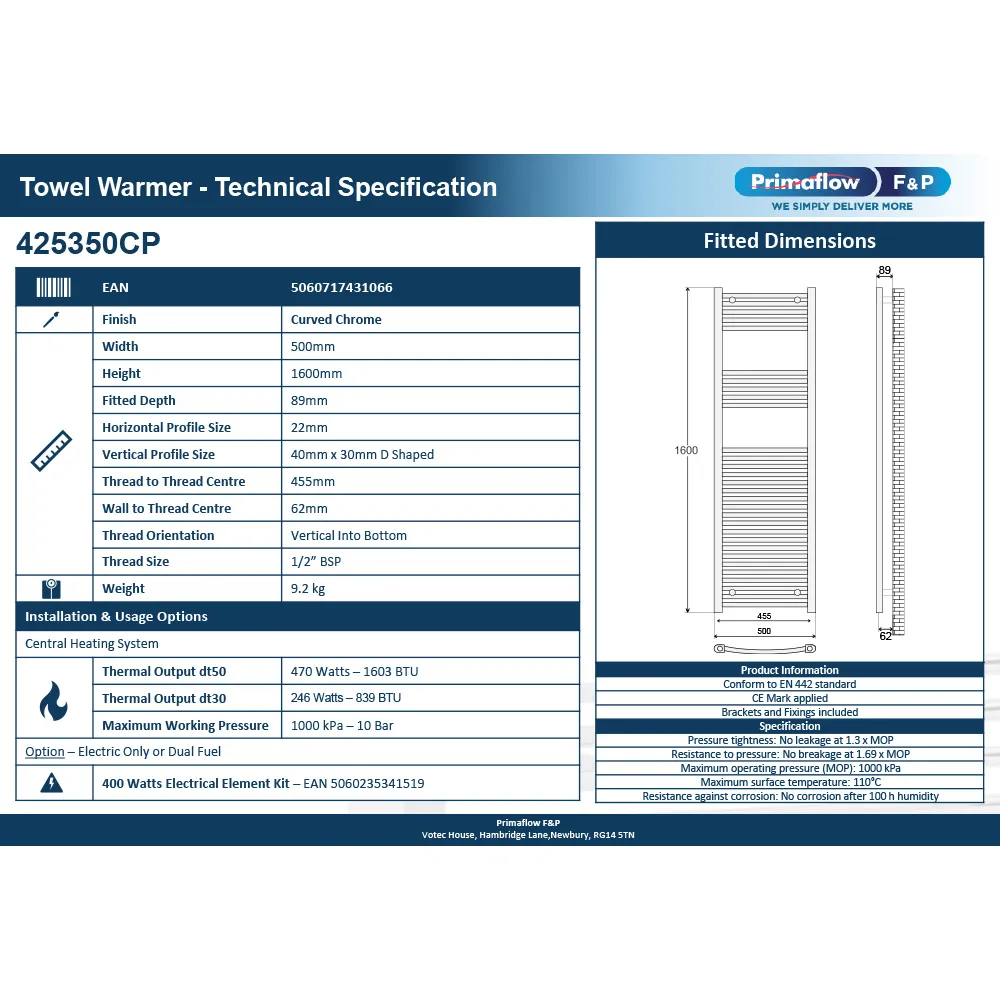 Curved Towel Rail 500 x 1200mm - Silver, Chrome