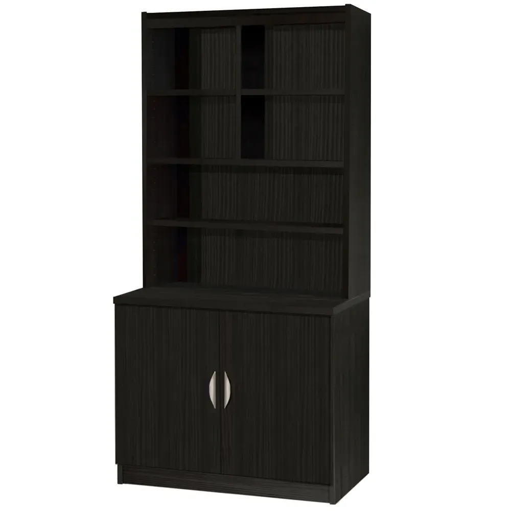 2 Door 6 Shelf Wide Cupboard with Hutch - Black