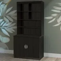 2 Door 6 Shelf Wide Cupboard with Hutch - Black