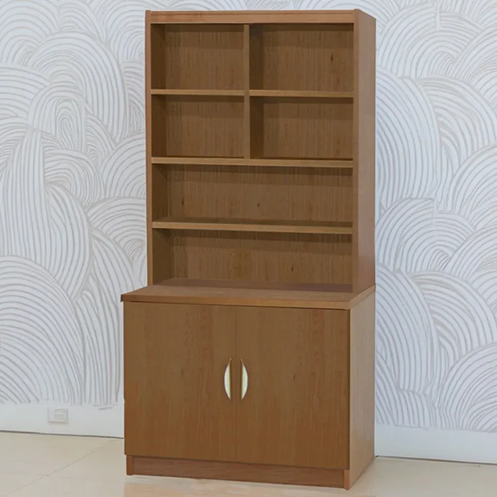 2 Door 6 Shelf Wide Cupboard with Hutch - Brown