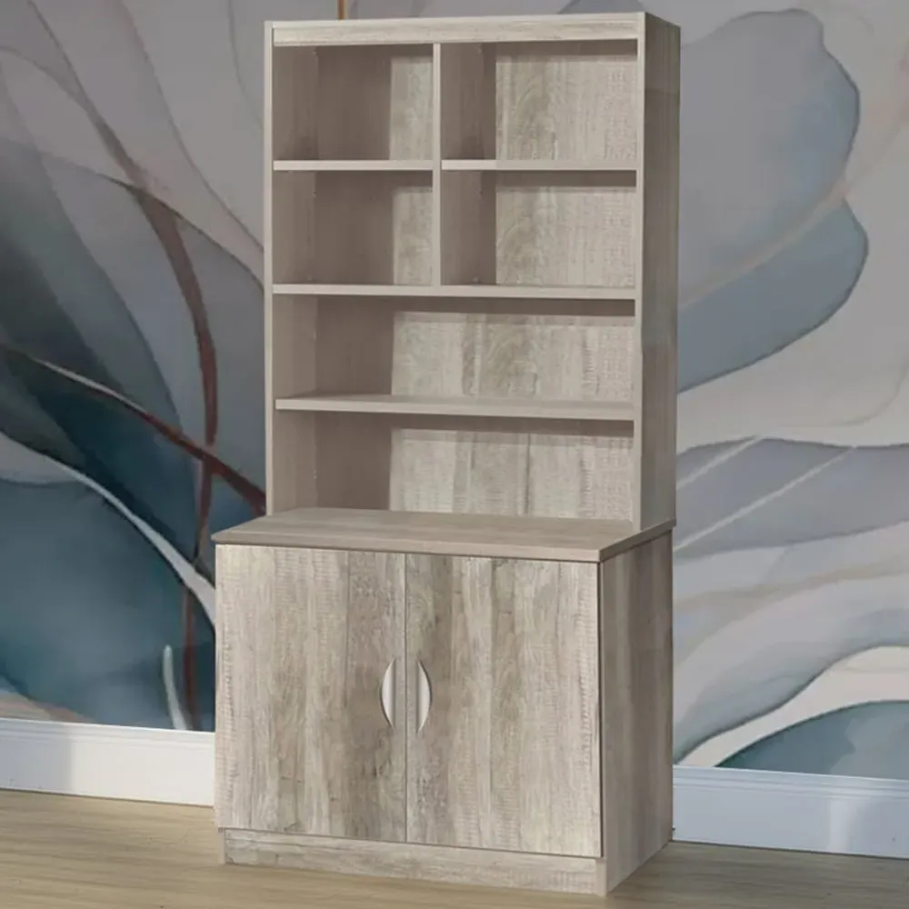 2 Door 6 Shelf Wide Cupboard with Hutch - Grey