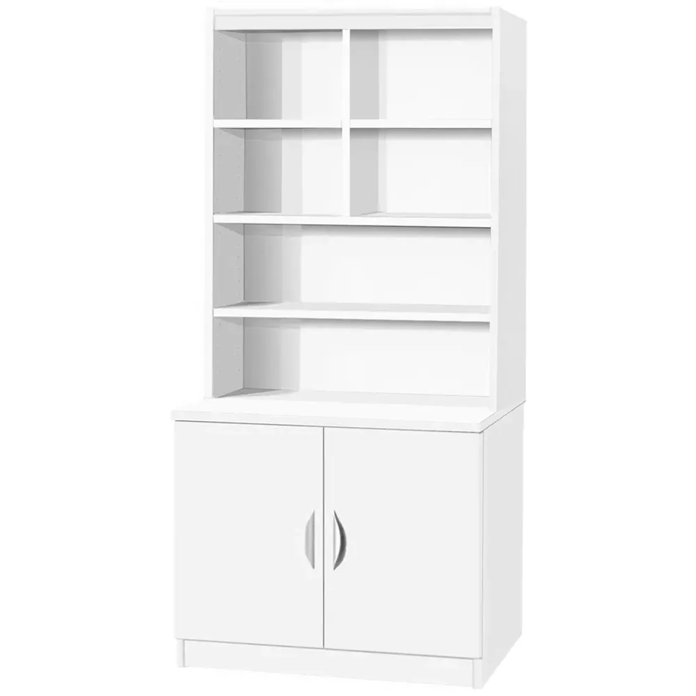 2 Door 6 Shelf Wide Cupboard with Hutch - White