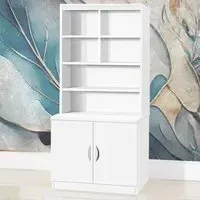 2 Door 6 Shelf Wide Cupboard with Hutch - White