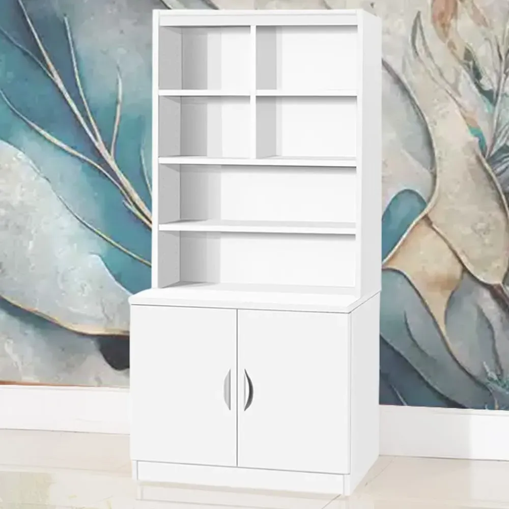 2 Door 6 Shelf Wide Cupboard with Hutch - White