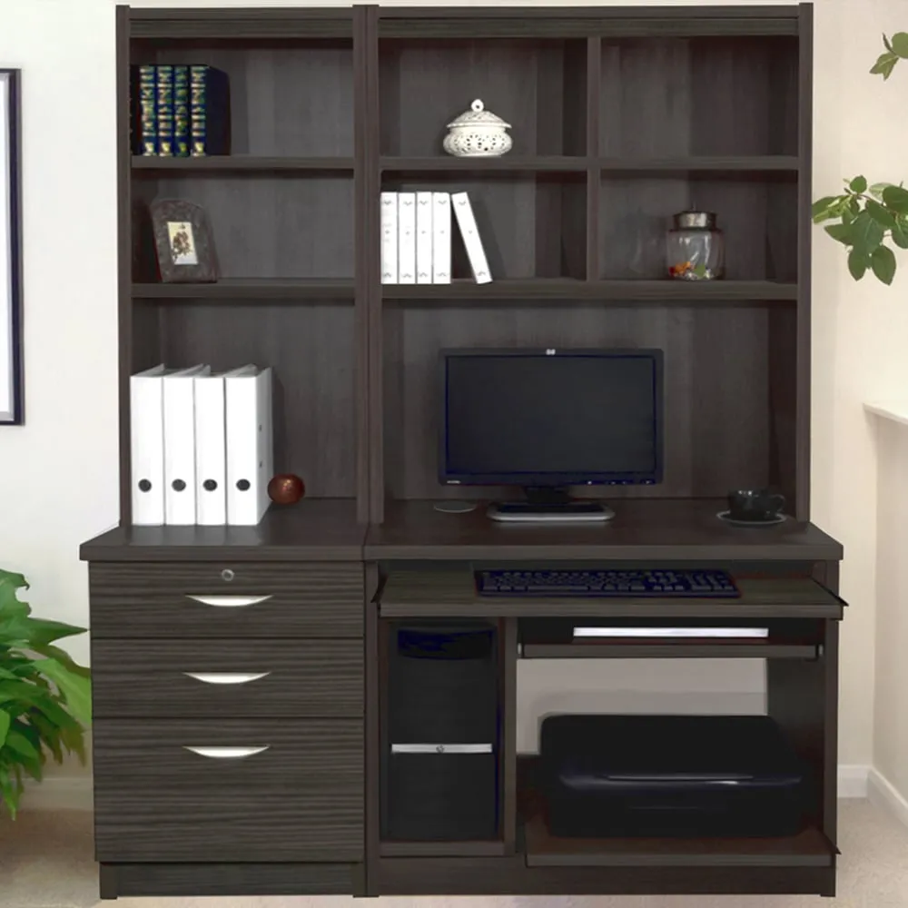 3 Drawer Computer Desk with Bookcase and Printer Shelf - Black