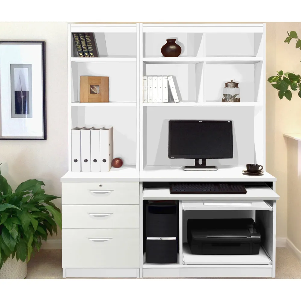 3 Drawer Computer Desk with Bookcase and Printer Shelf - White