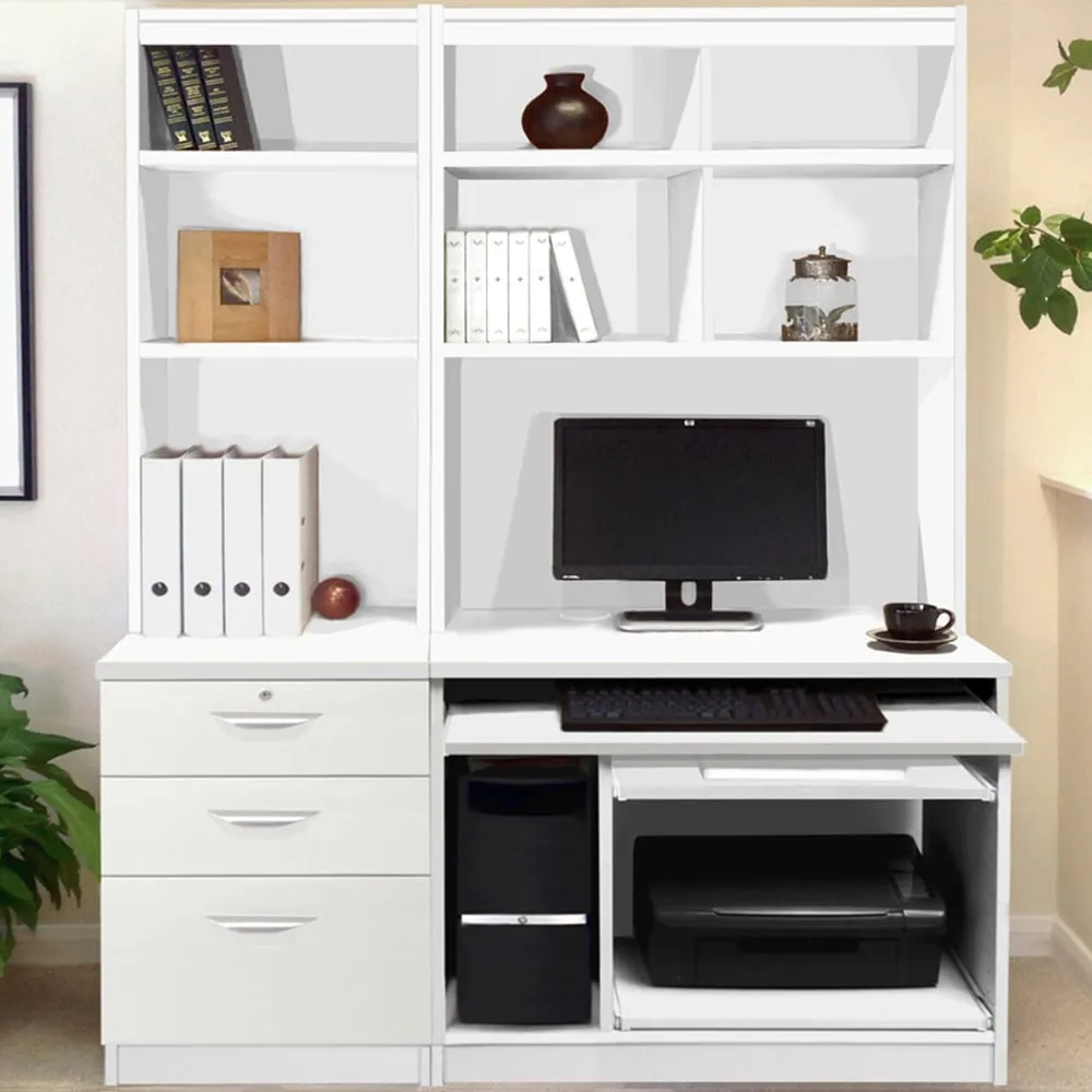 3 Drawer Computer Desk with Bookcase and Printer Shelf - White