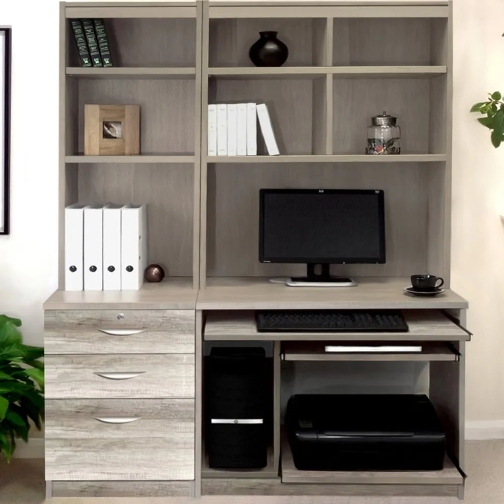 3 Drawer Set-17 Computer Desk with Bookcase and Printer Shelf - Grey