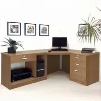 4 Drawer Corner Computer Desk with Printer Shelf - Brown