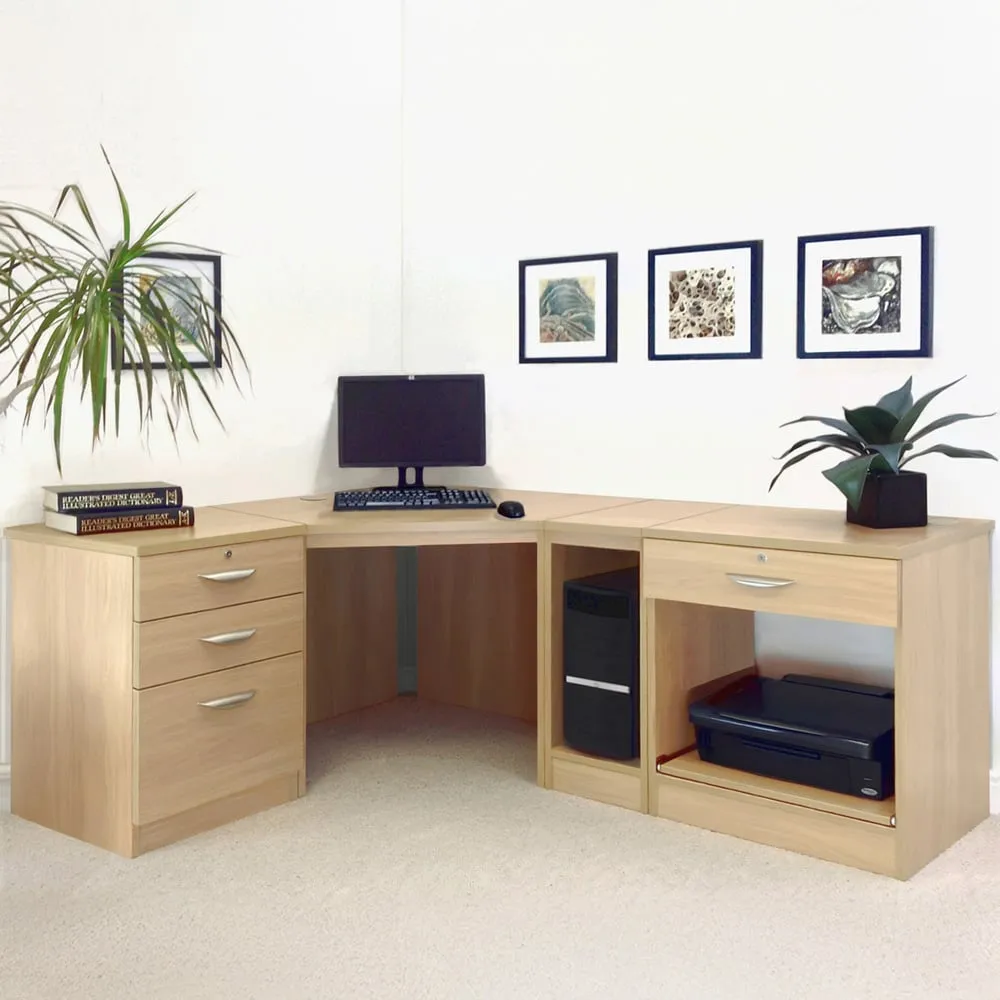 4 Drawer Corner Computer Desk with Printer Shelf - Brown