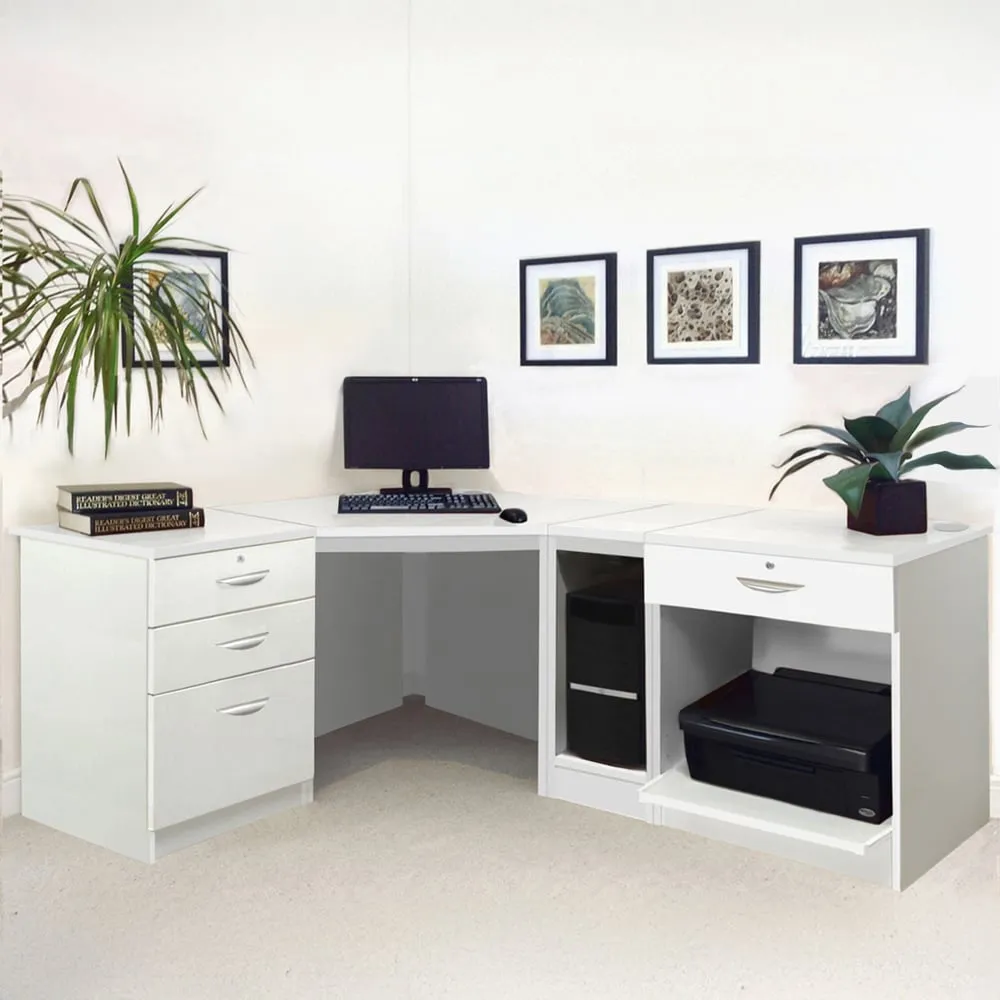 4 Drawer Corner Computer Desk with Printer Shelf - White