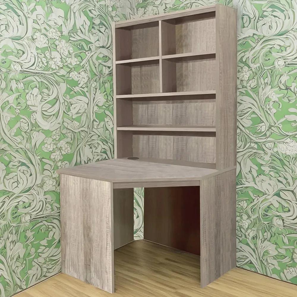 Corner 6 Shelf Computer Desk with Hutch - Grey