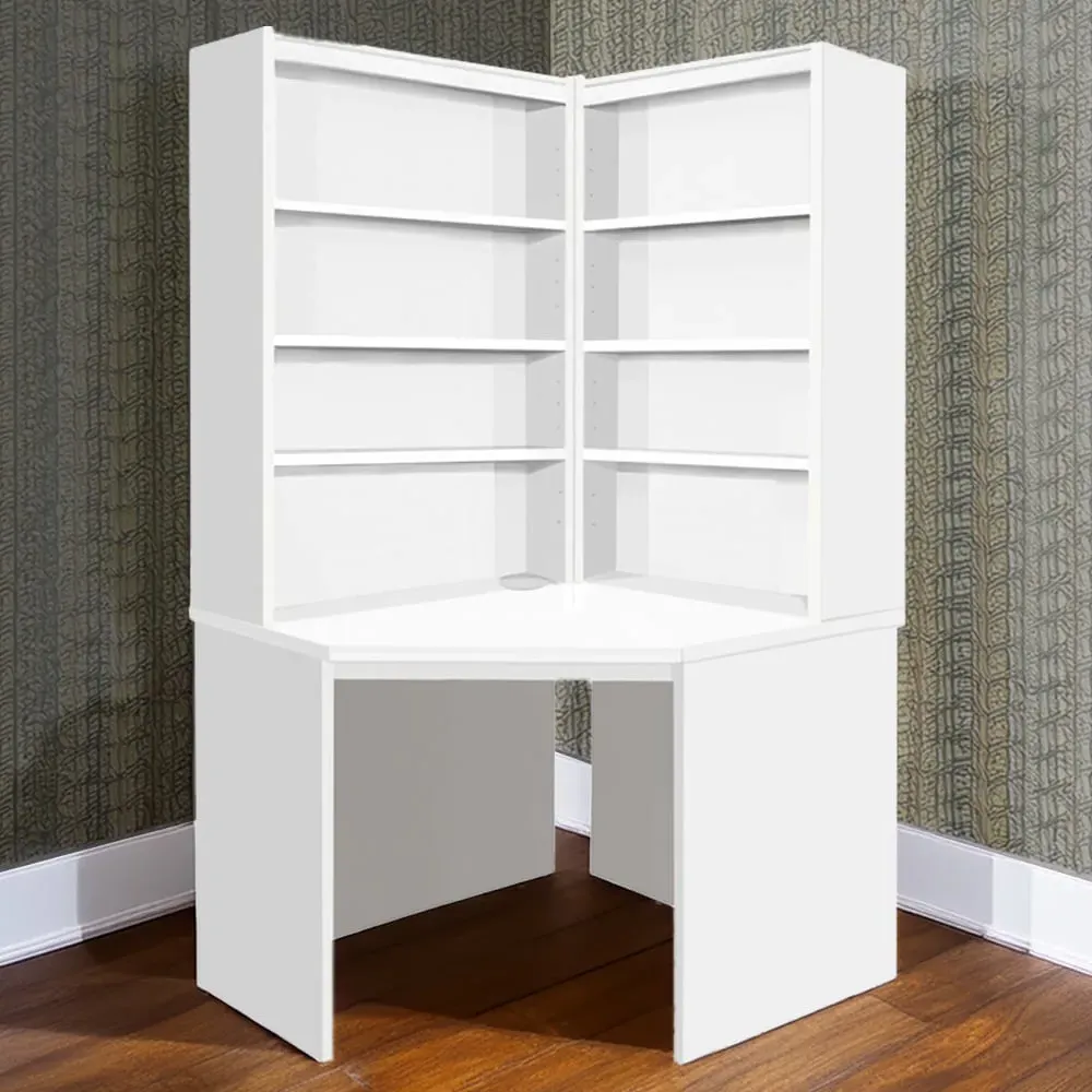 Corner 8 Shelf Computer Desk with Hutch Set - White