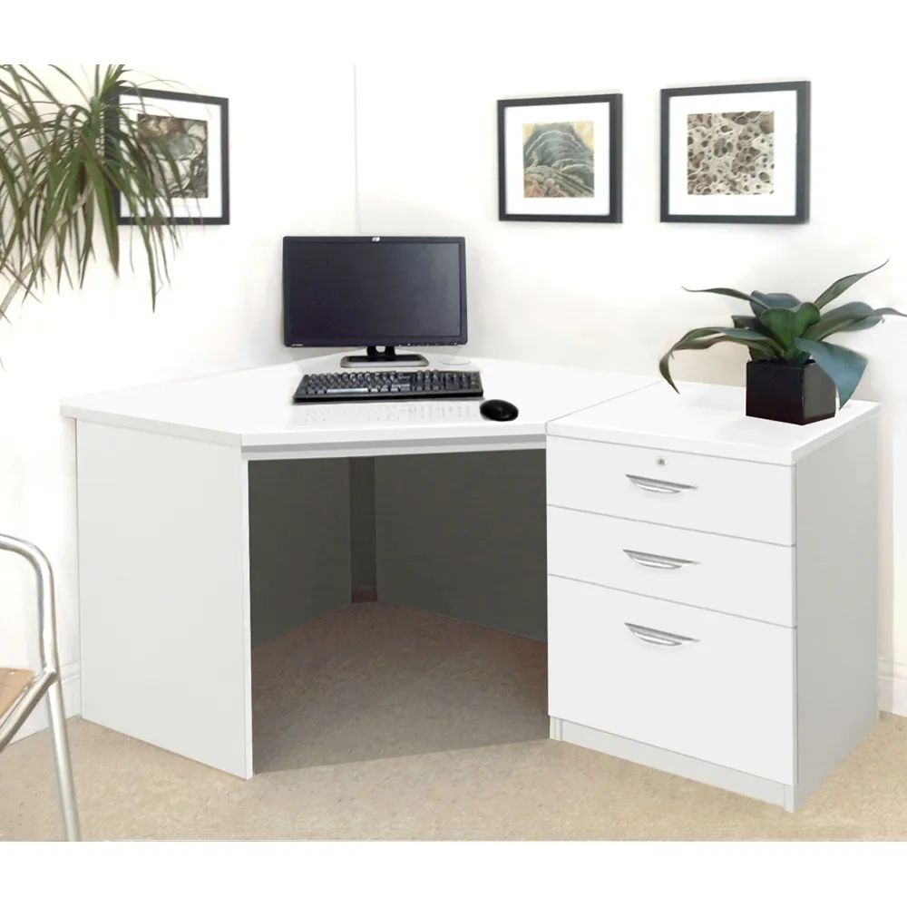 Set-07 Corner Desk with 2 Drawer Cabinet - White