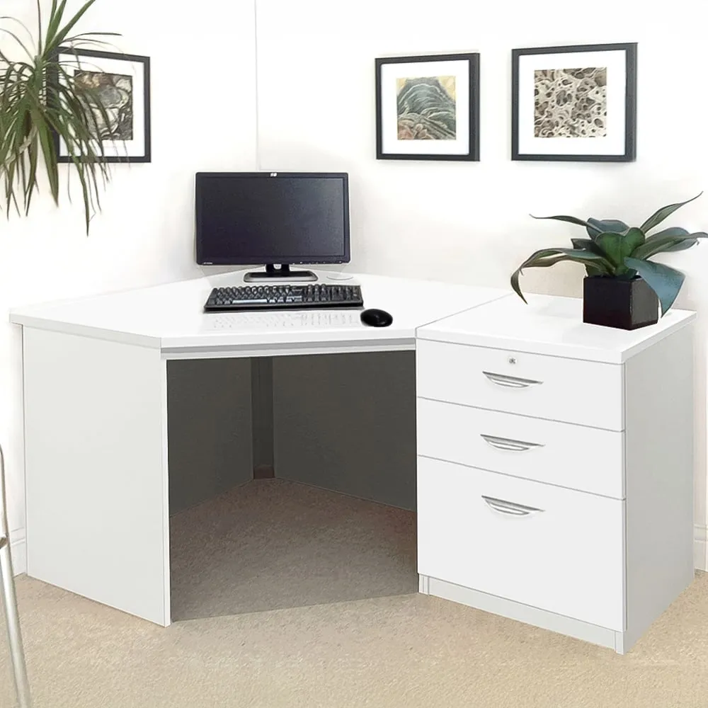 Set-07 Corner Desk with 2 Drawer Cabinet - White