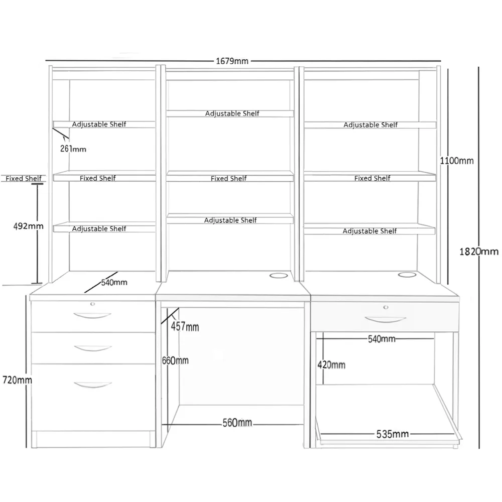 SET-14 Desk with Drawer Printer Unit and Hutch Bookcase - White