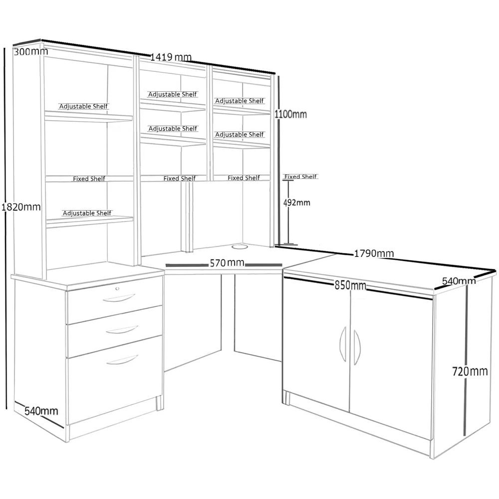 SET-19 Corner Desk with Drawer Unit and Hutch Bookcase - Black