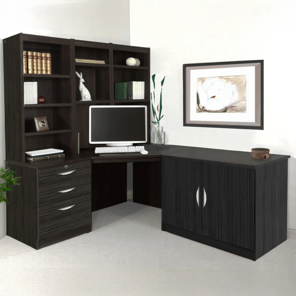 SET-19 Corner Desk with Drawer Unit and Hutch Bookcase - Black