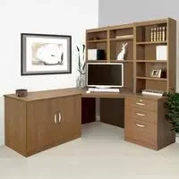 SET-19 Corner Desk with Drawer Unit and Hutch Bookcase - Brown