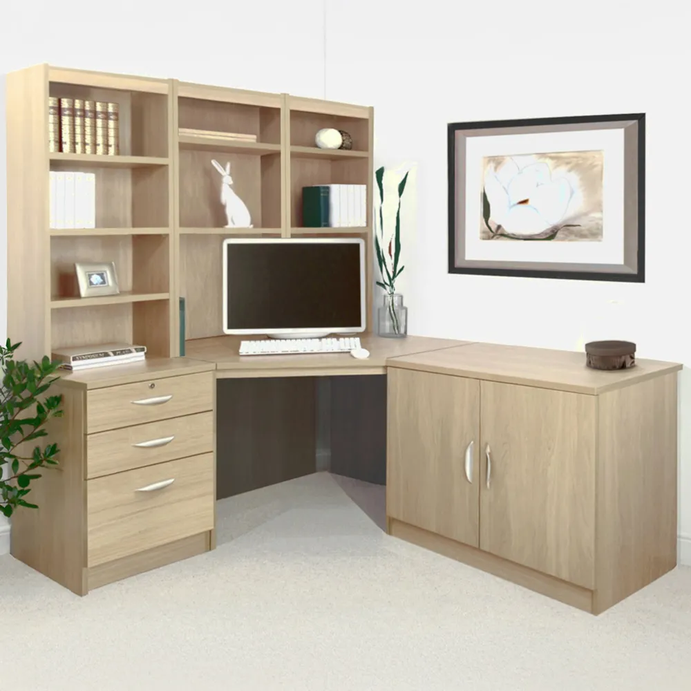 SET-19 Corner Desk with Drawer Unit and Hutch Bookcase - Brown