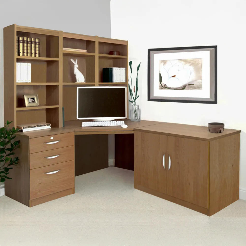 SET-19 Corner Desk with Drawer Unit and Hutch Bookcase - Brown