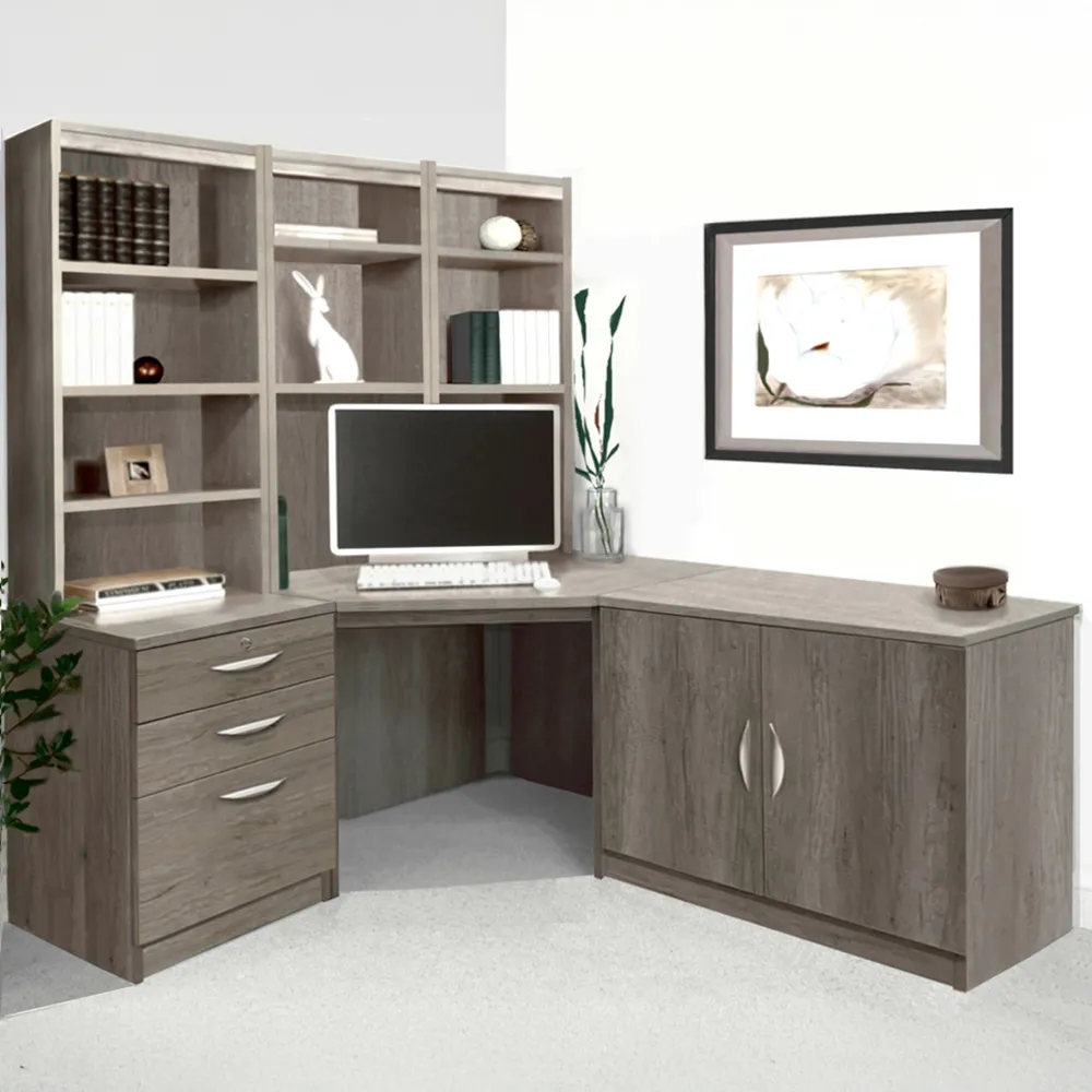 SET-19 Corner Desk with Drawer Unit and Hutch Bookcase - Grey