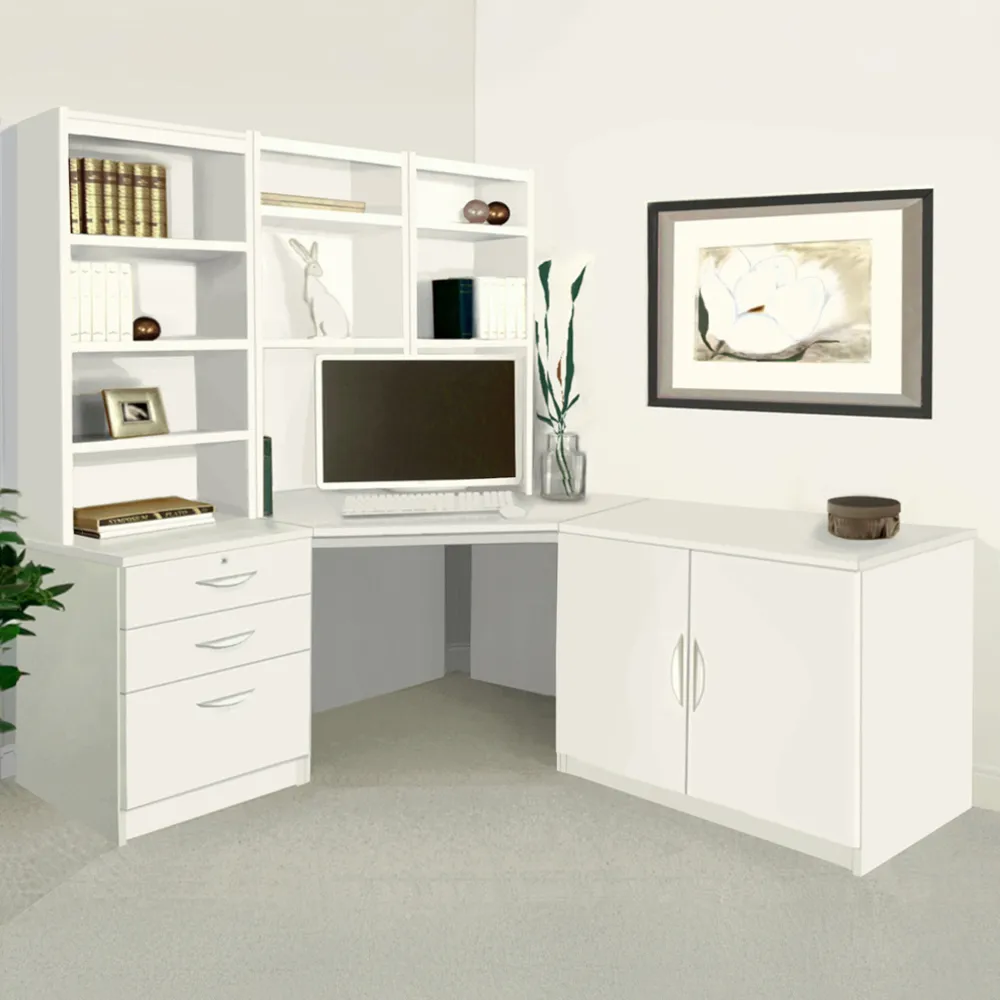 SET-19 Corner Desk with Drawer Unit and Hutch Bookcase - White