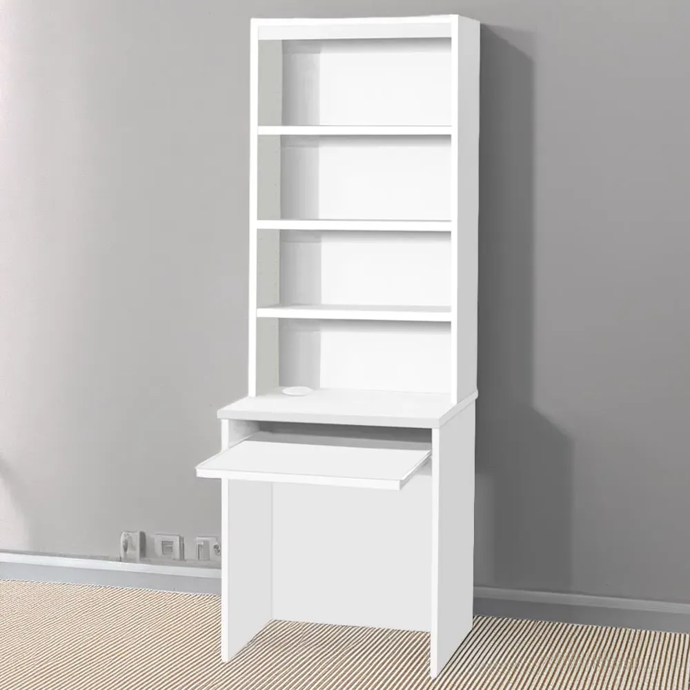 Small Laptop Desk with Keyboard Tray and Hutch - White