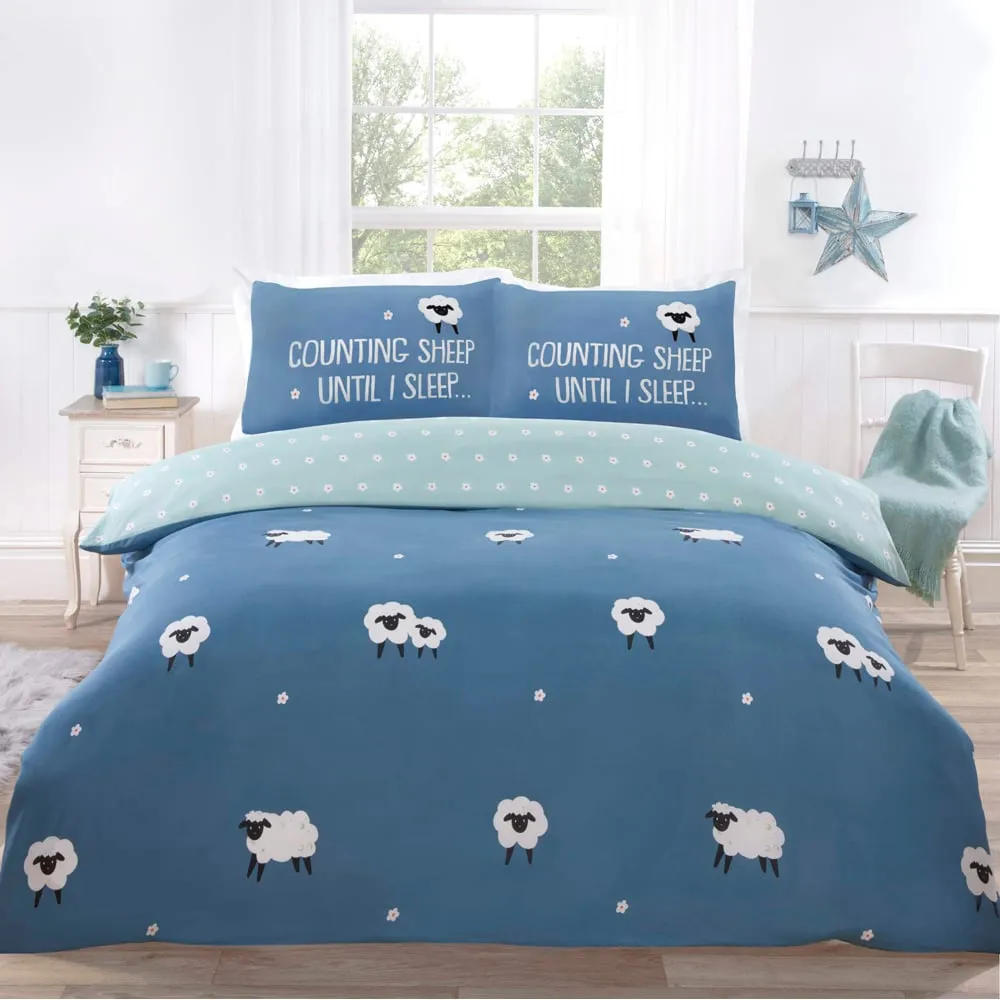 Counting Sheep Single Duvet Set - Blue, Microfibre