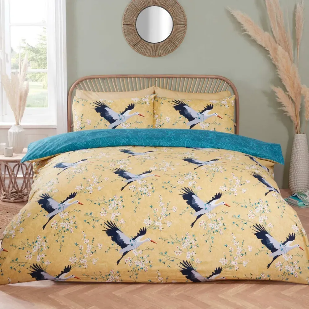 Cranes King Size Duvet Set - Ochre, Microfibre