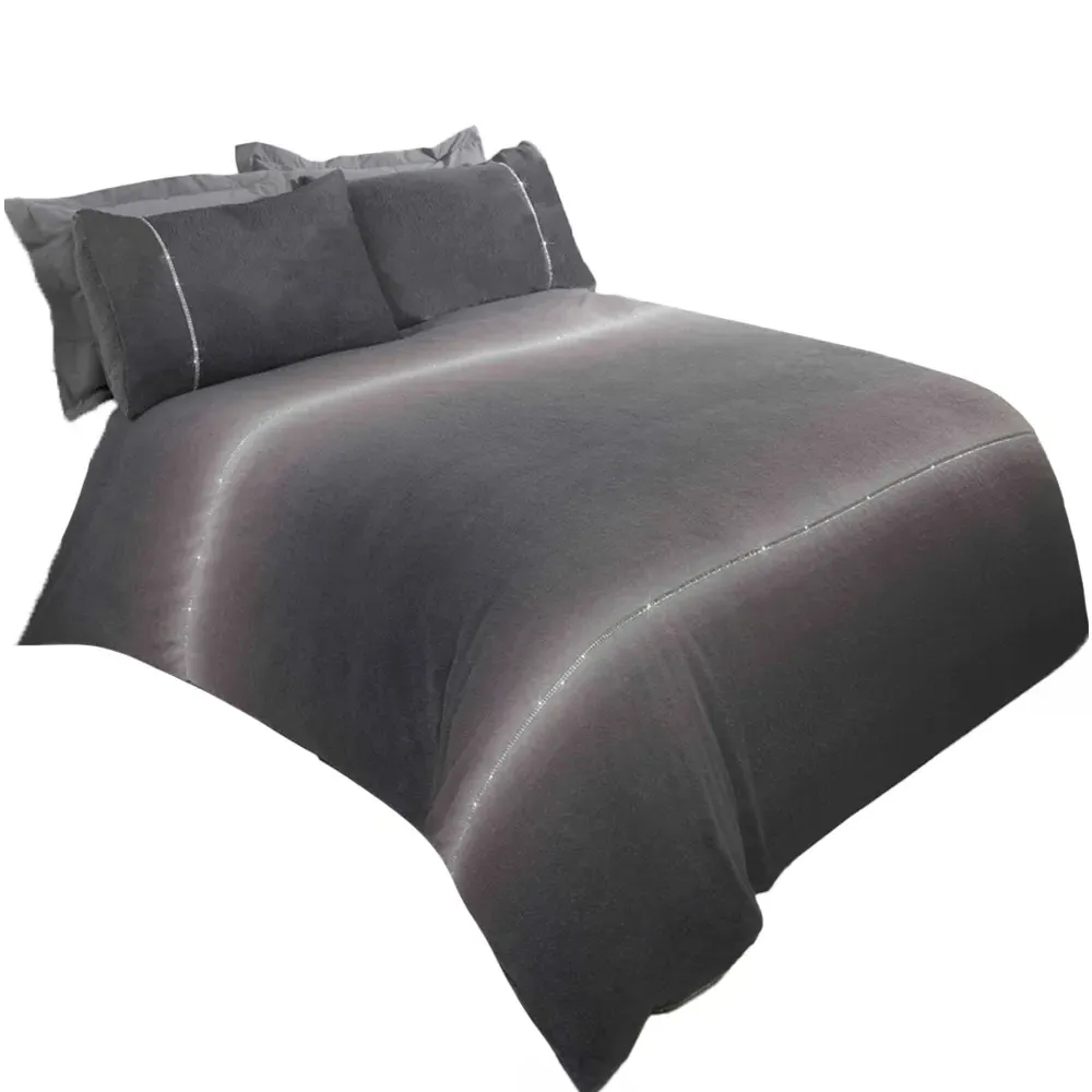 Diamante Double Duvet Cover Set - Grey, Teddy Fleece