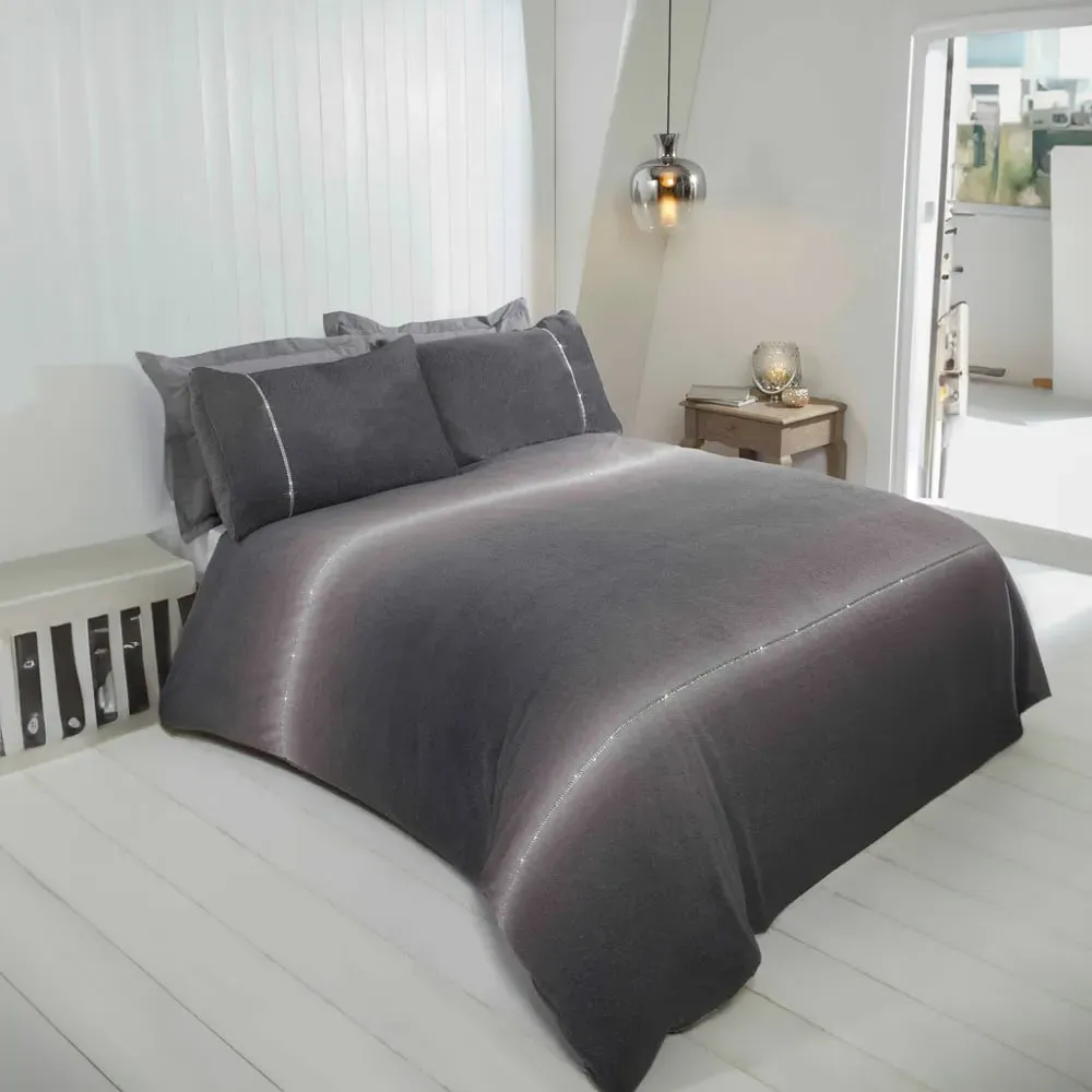 Diamante Double Duvet Cover Set - Grey, Teddy Fleece