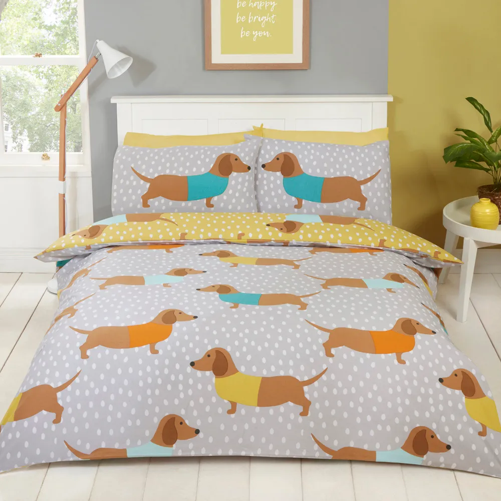 Dolly Dachshund Single Duvet Cover Set - Blue, Cotton