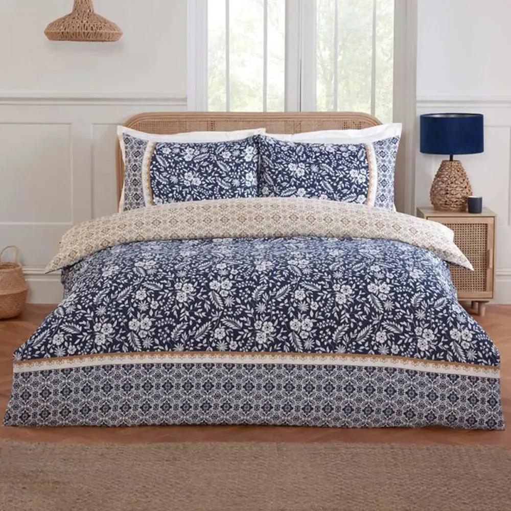 Eleanor Double Floral Reversible Duvet Cover Set - Blue, Polyester