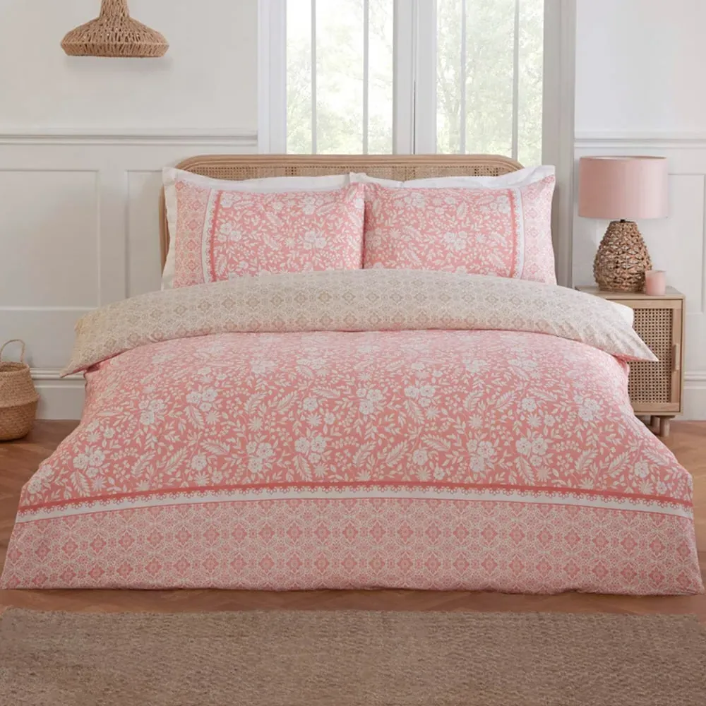 Eleanor Double Floral Reversible Duvet Cover Set - Pink, Polyester