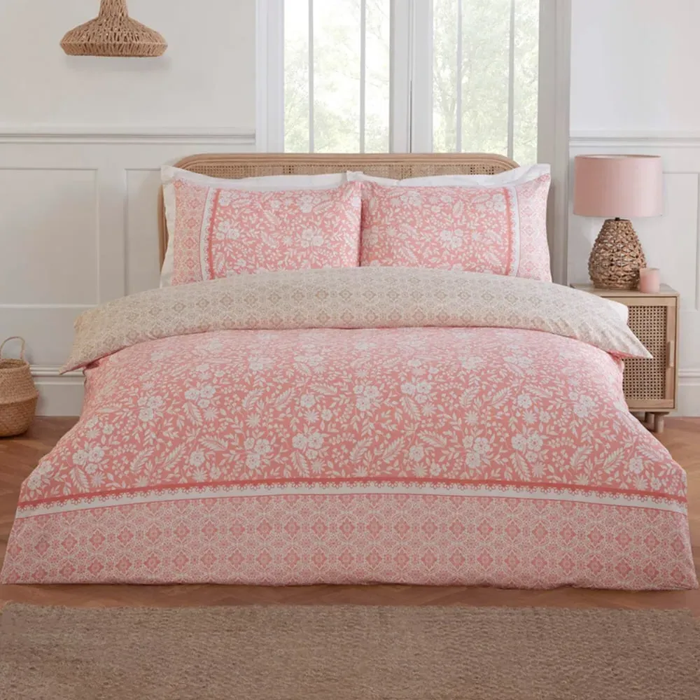 Eleanor King Size Floral Reversible Duvet Cover Set - Pink, Polyester