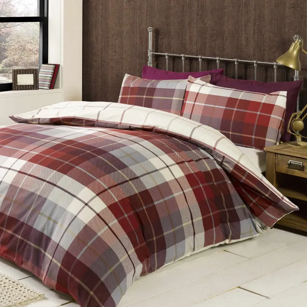Lomond Check Double Duvet Set - Red, Brushed Cotton